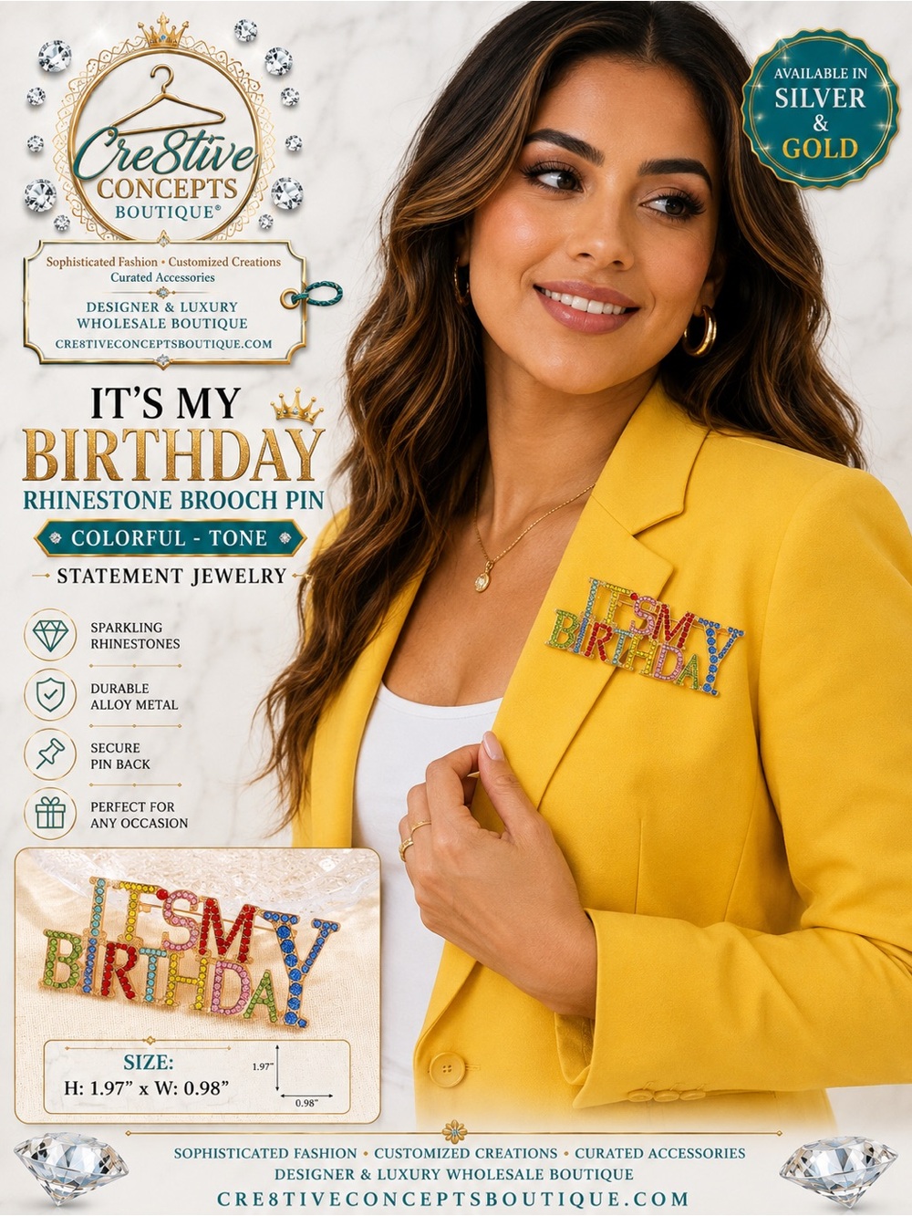 “It’s My Birthday” Rhinestone Brooch Pin – Colorful-Tone Statement Jewelry